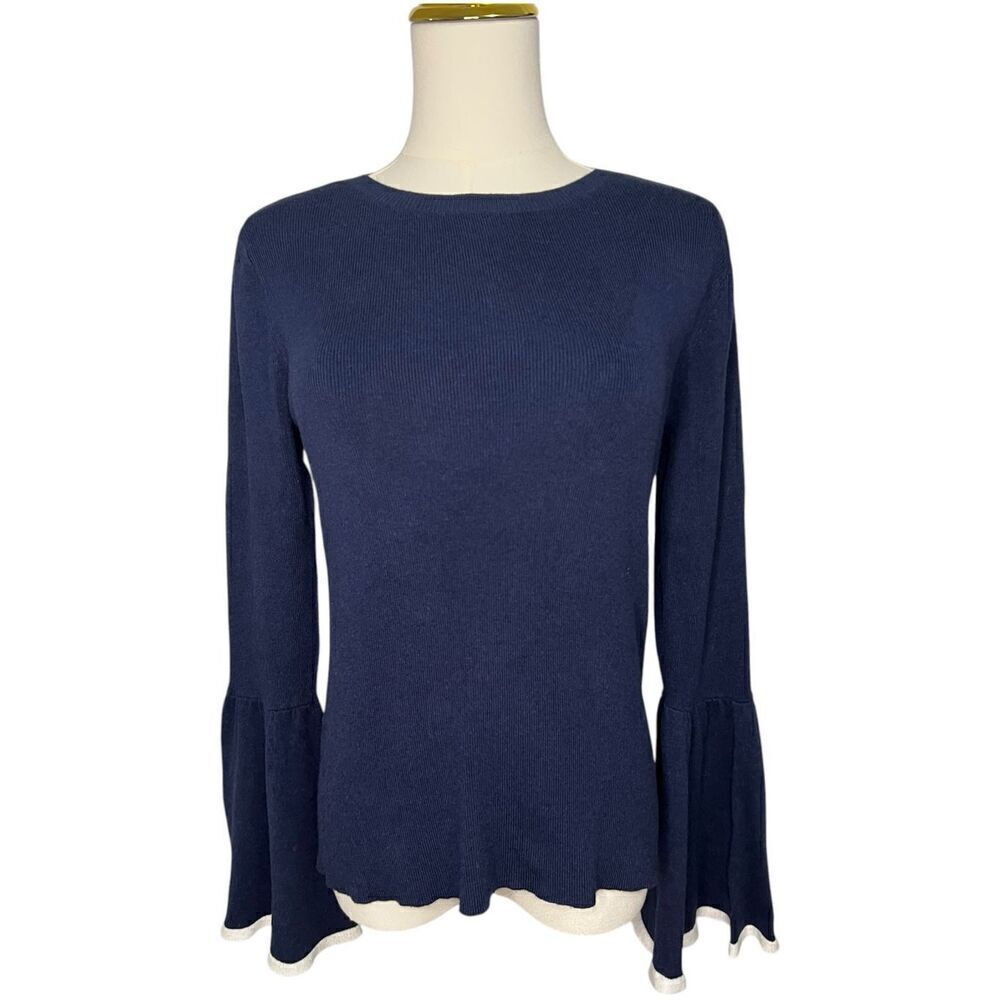 Halogen Women’s XS Sweater Navy Blue Knit‎ Crewneck Bell Sleeves